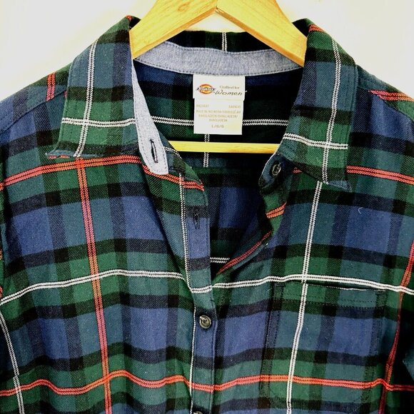 Dickies Women Flannel Plaid Button Up Shirt Size Large Blue Green Red - Picture 2 of 5